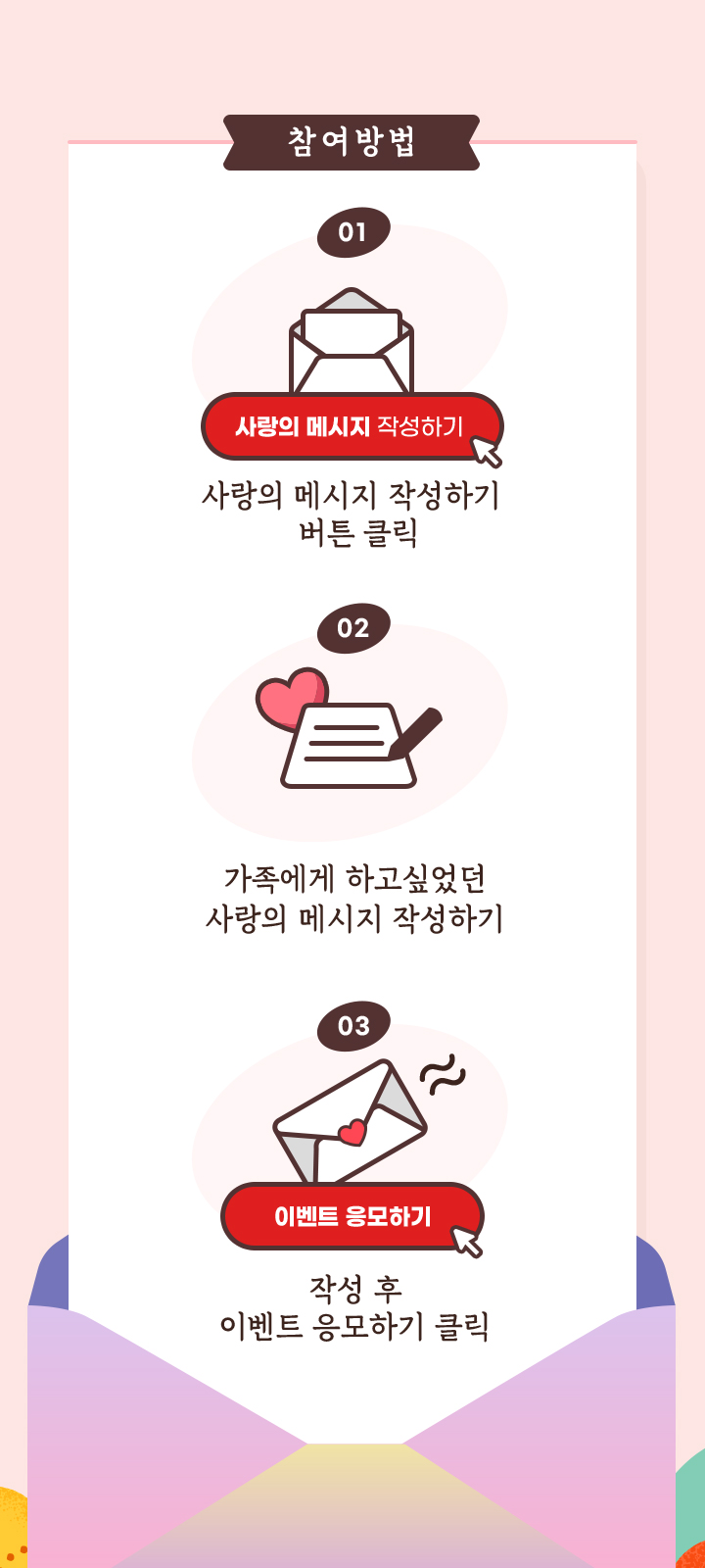 
                     [참여방법]
                     1. 사랑의 메시지 작성하기 버튼 클릭
                     2. 가족에게 하고싶었던 사랑의 메시지 작성하기
                     3. 작성 후 이벤트 응모하기 클릭
                